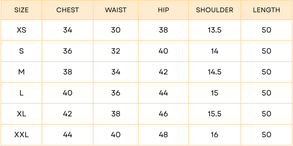 Size chart image for Luna Bloom Maxi Dress