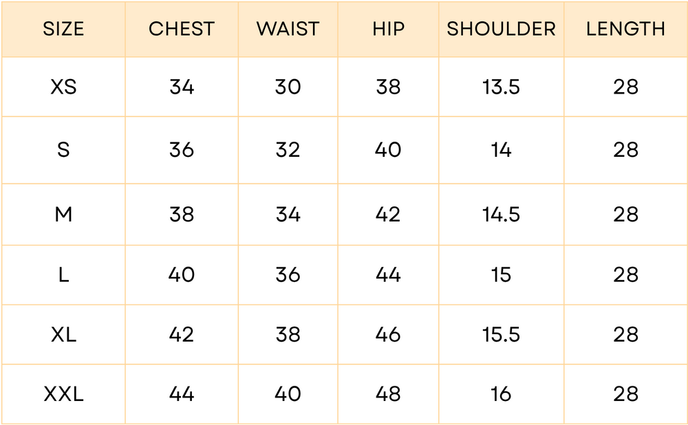 Size chart image for Olive Origin Tie-Up