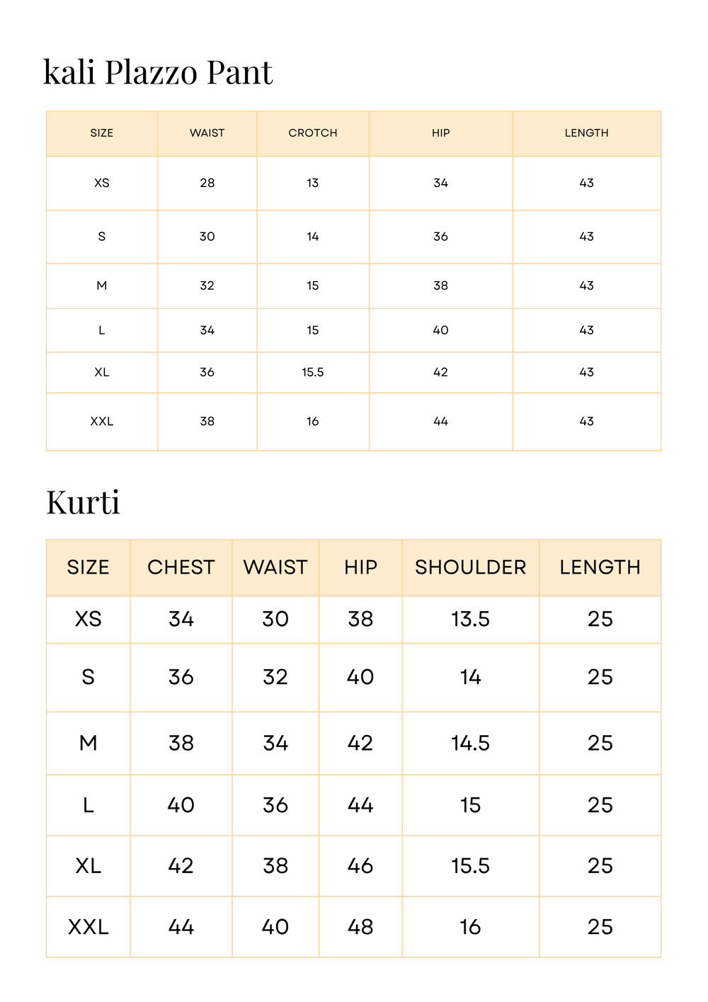 Size chart image for Sea Mist Sharara Set