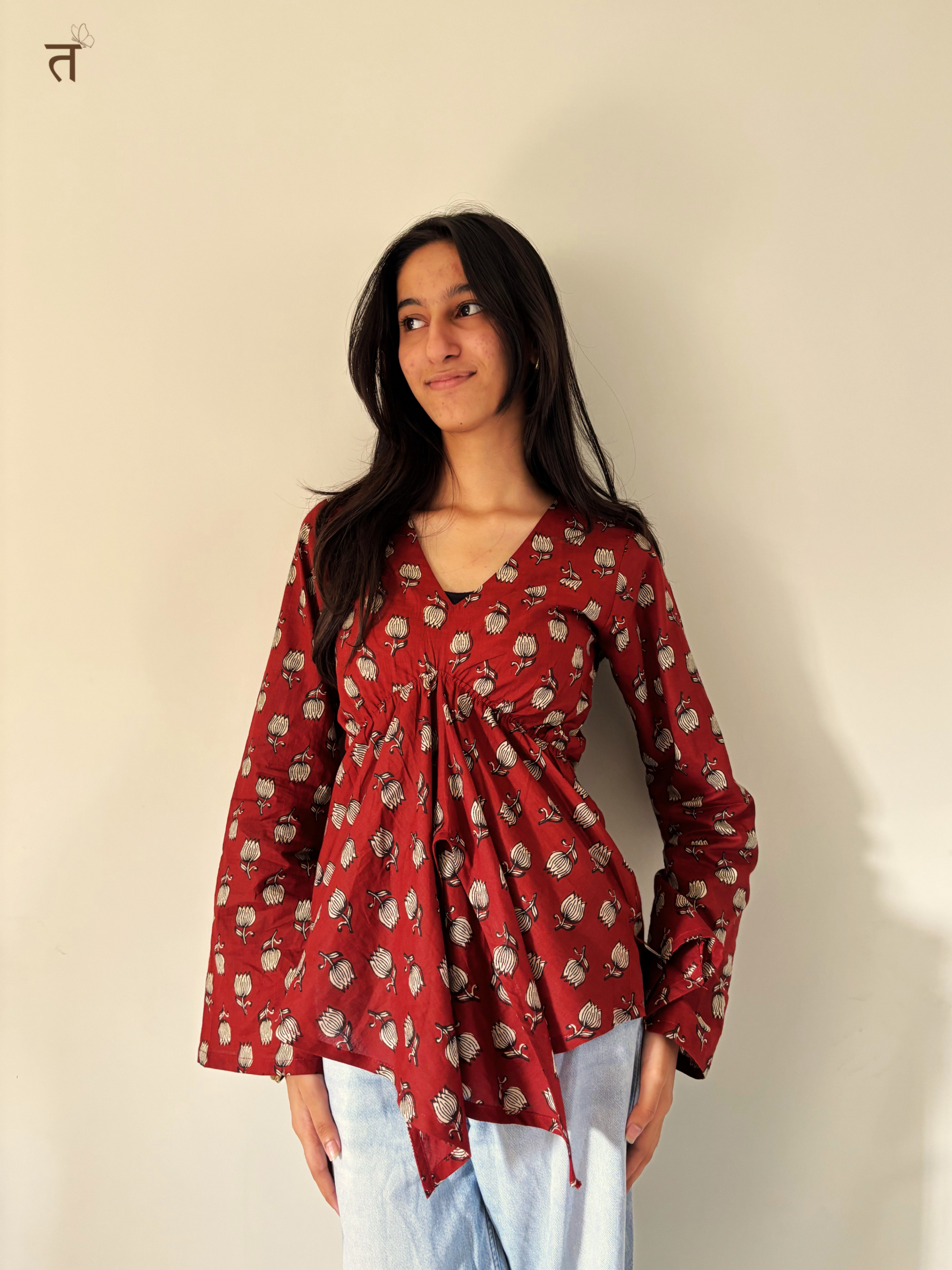 Crimson Bloom Knot Short Kurti