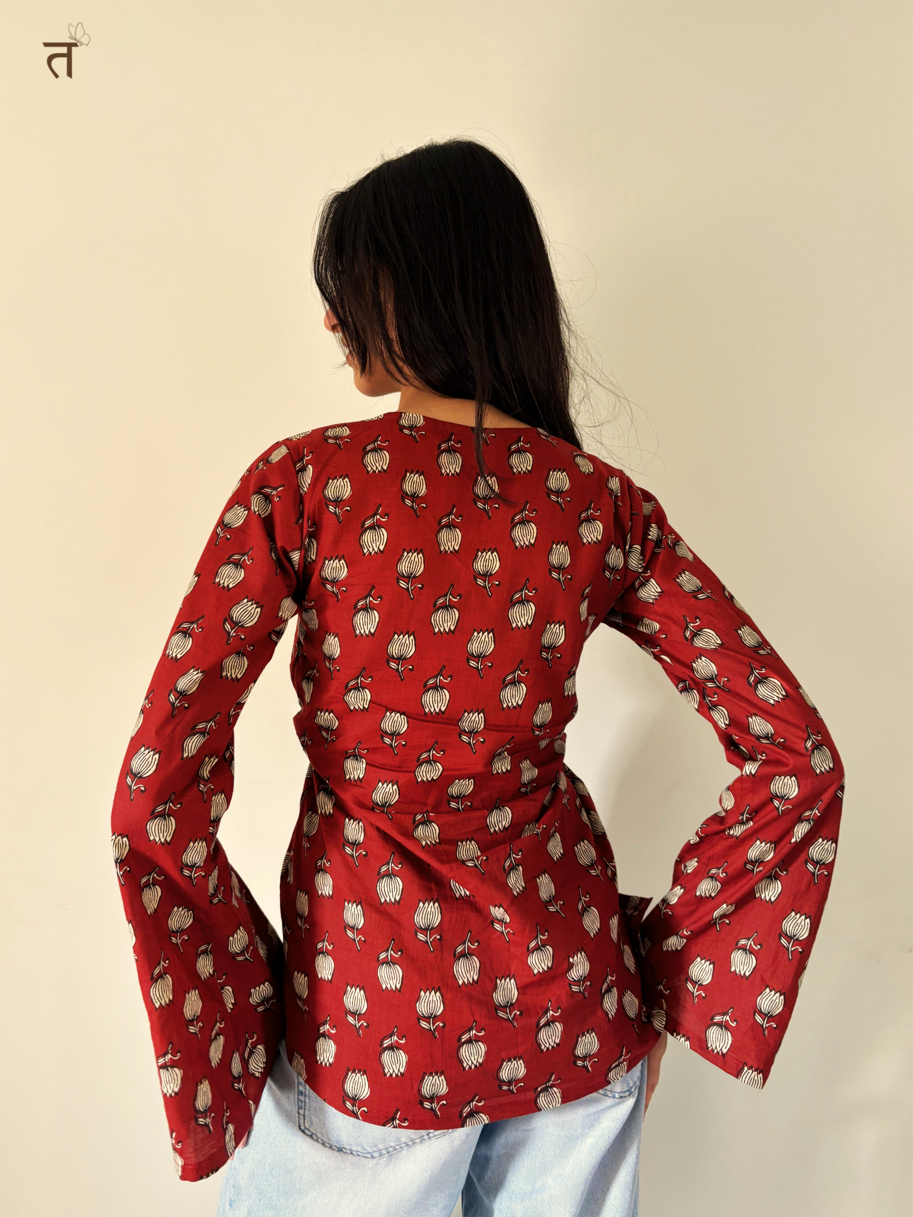 Crimson Bloom Knot Short Kurti