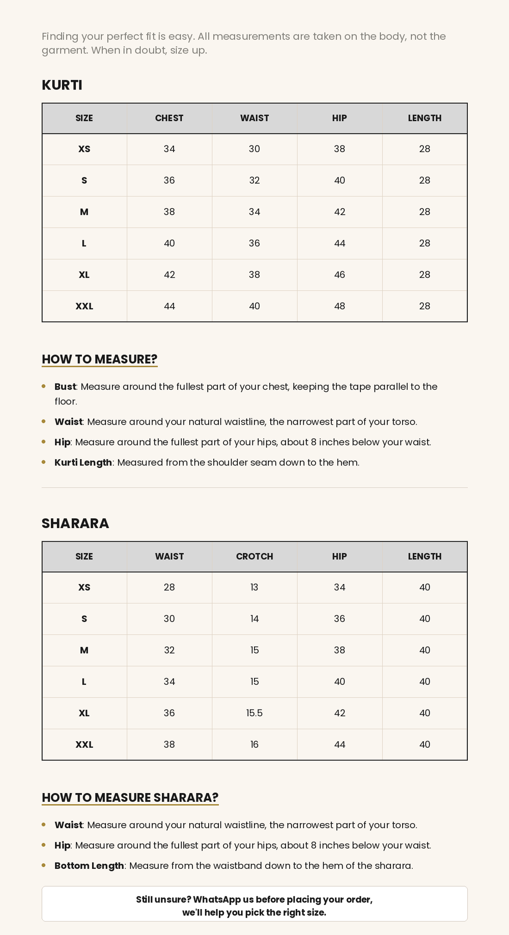 Size chart image for Saffron Pearl Kurti Plazzo Set