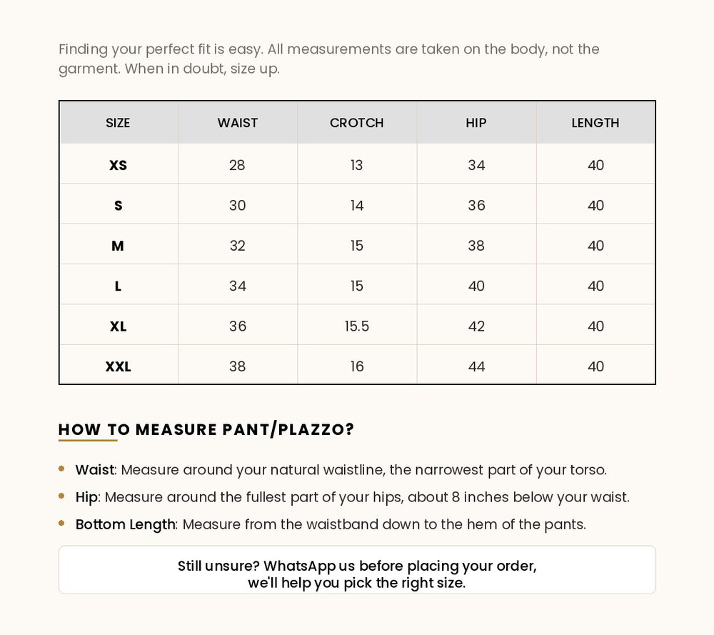 Size chart image for Classic Black Pants