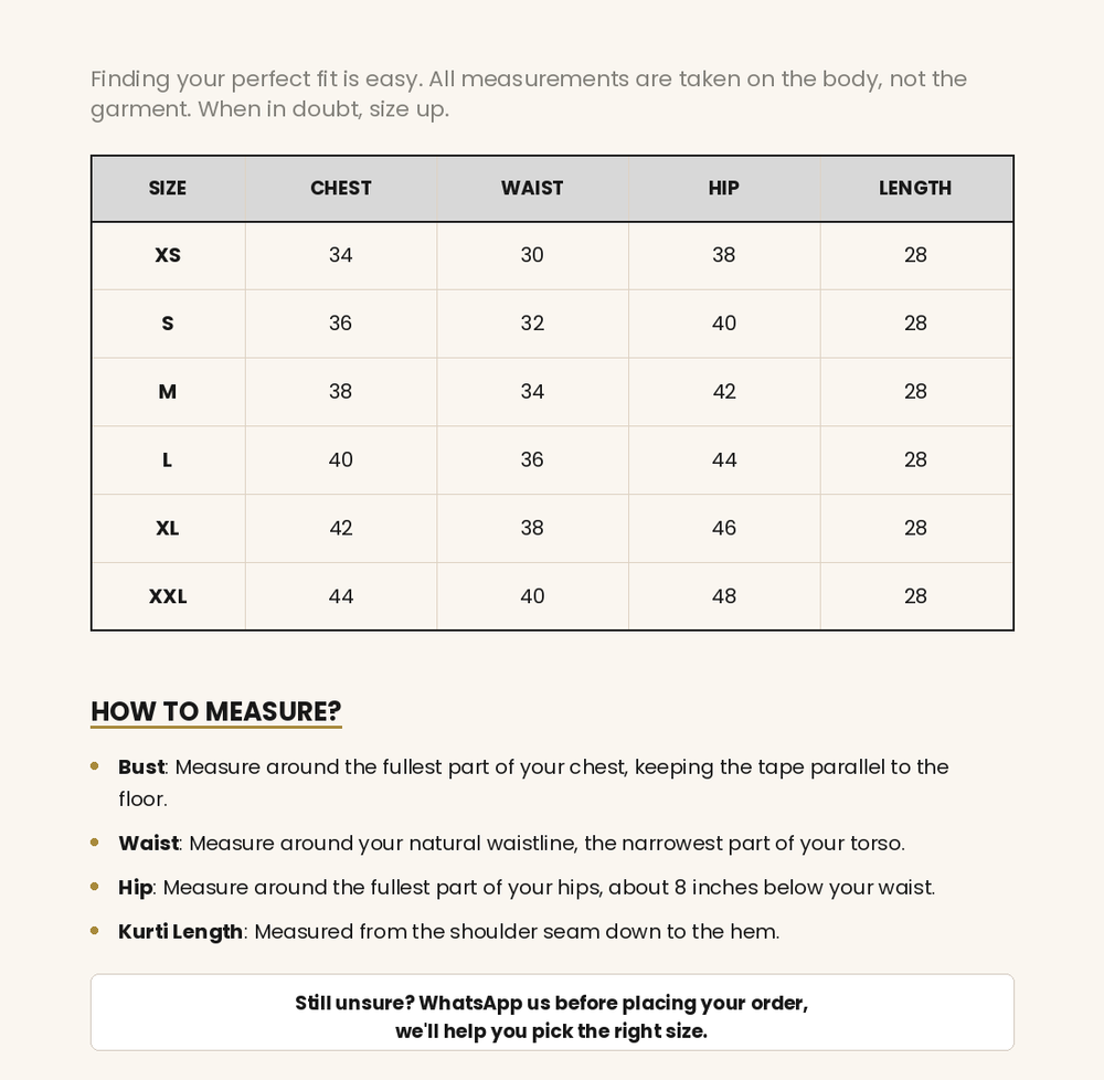 Size chart image for The Ivory Lyric Short Kurti